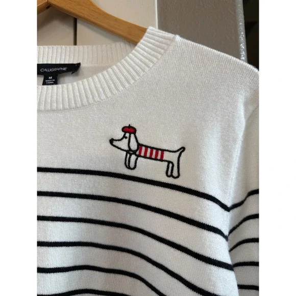 Calligraphie NWT White with Black Stripes Sweater with French Wiener Dog Size M - Picture 2 of 8